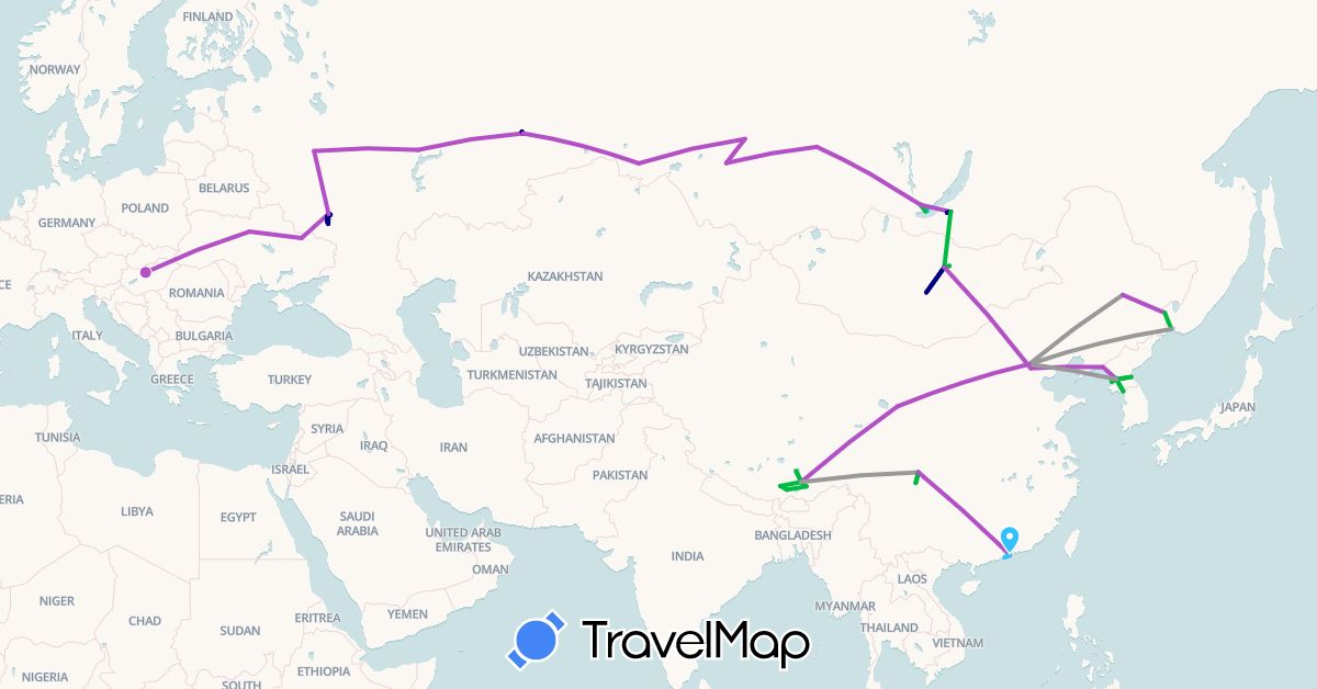 TravelMap itinerary: driving, bus, plane, train, boat in China, Hong Kong, Hungary, North Korea, Mongolia, Macau, Russia, Ukraine (Asia, Europe)